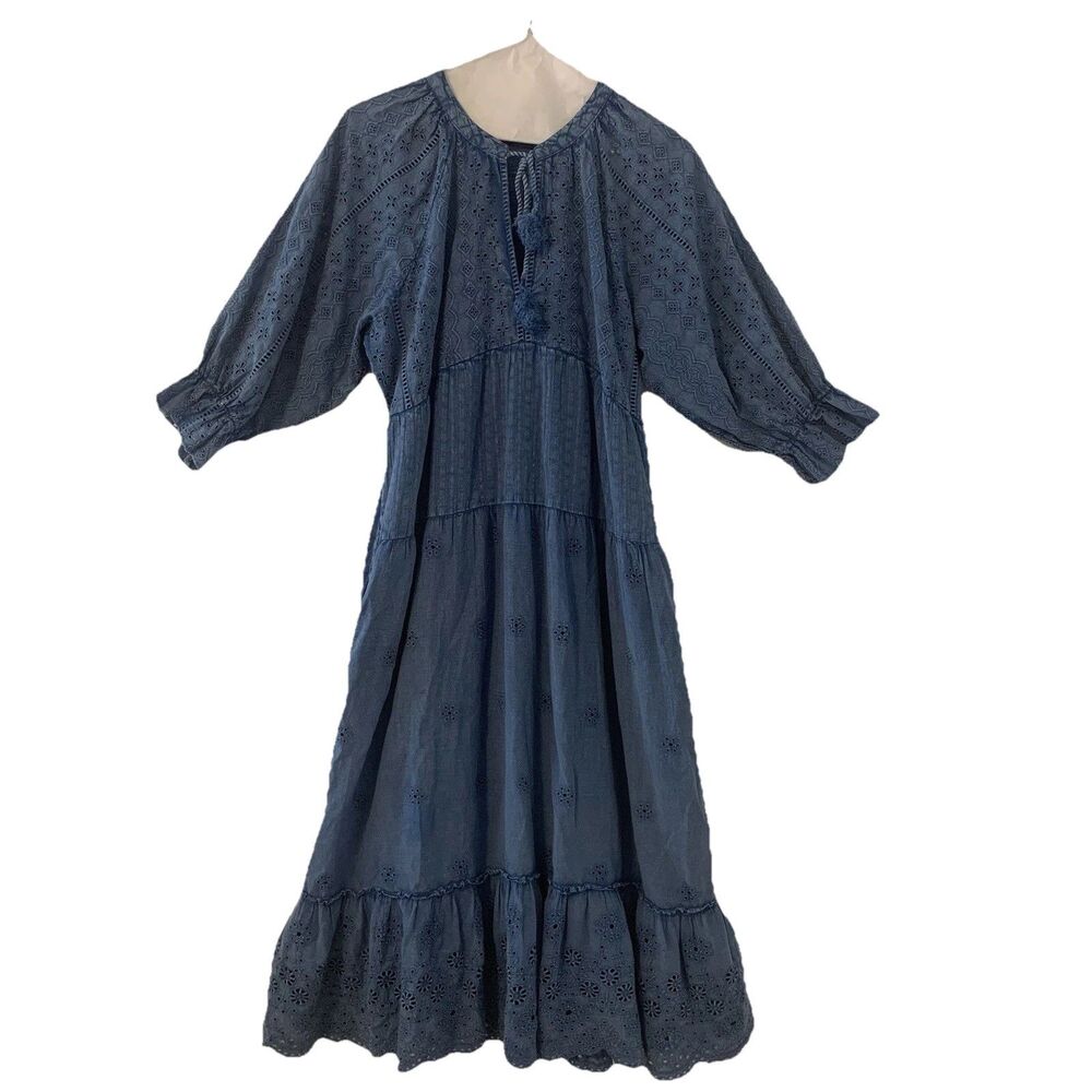 Tolani Chambray Maxi Dress Peasant Blouse Tassel Eyelet Detail - Large